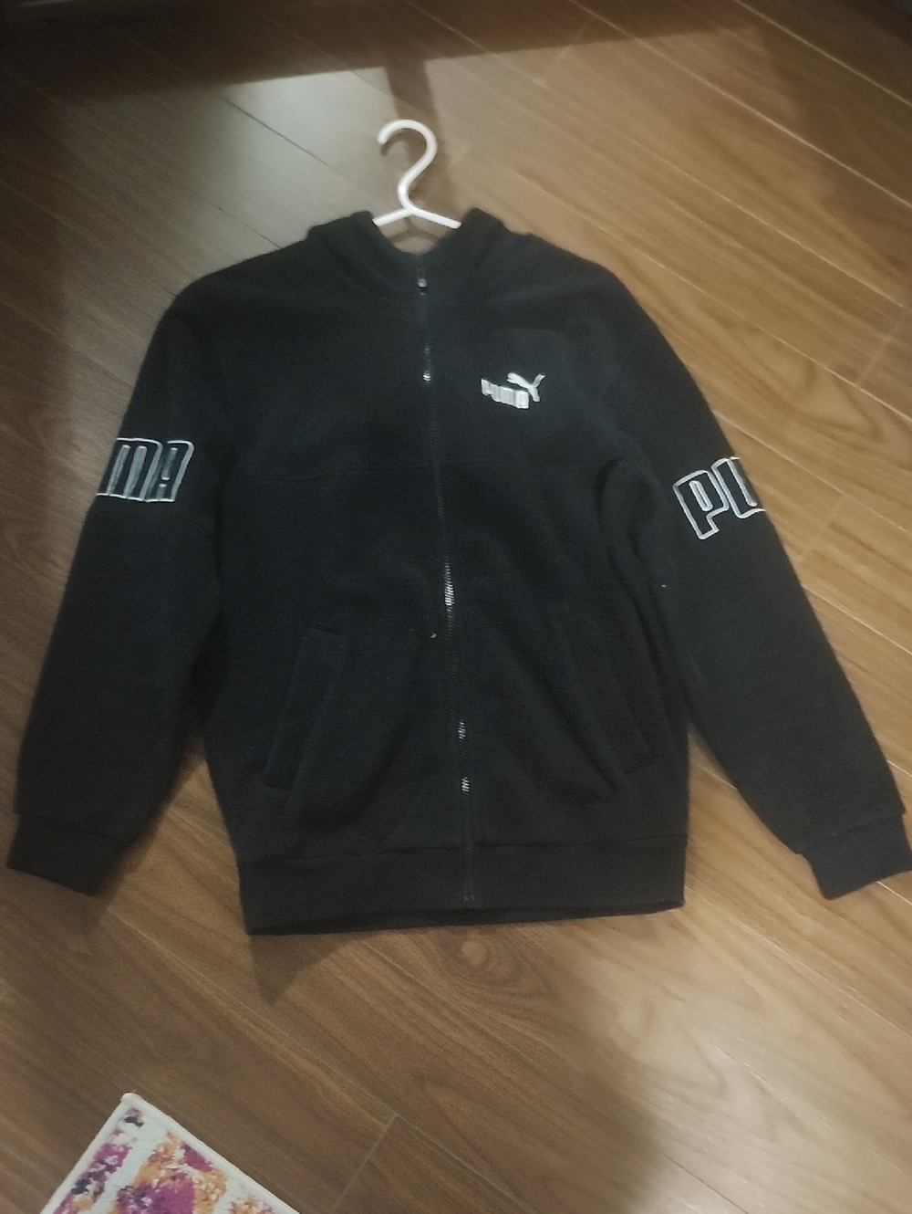 Puma Black Zip-Up Hooded Fleece Jacket with Sleeve Logo